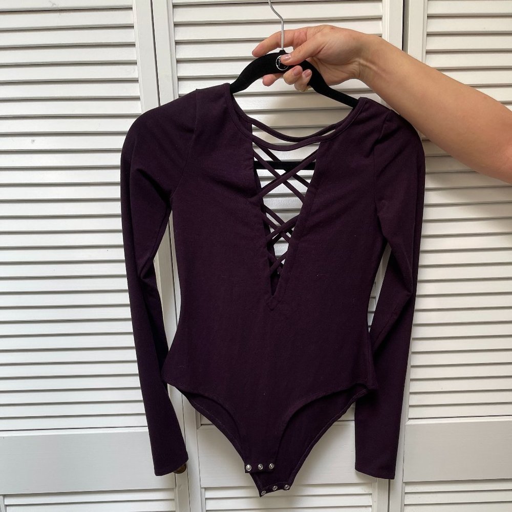 CHASER long sleeve purple mauve bodysuit with lattice front and back